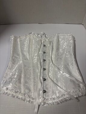 White Satin Brocade Corset Top with Lace Trim